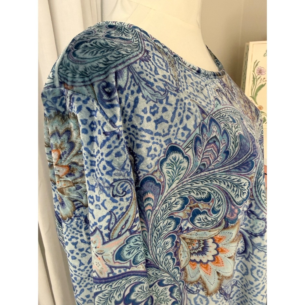 One World Blue Paisley Velvet Sheer Embellished Asymmetric Top XL NWT Boho Fairy - Picture 16 of 16
